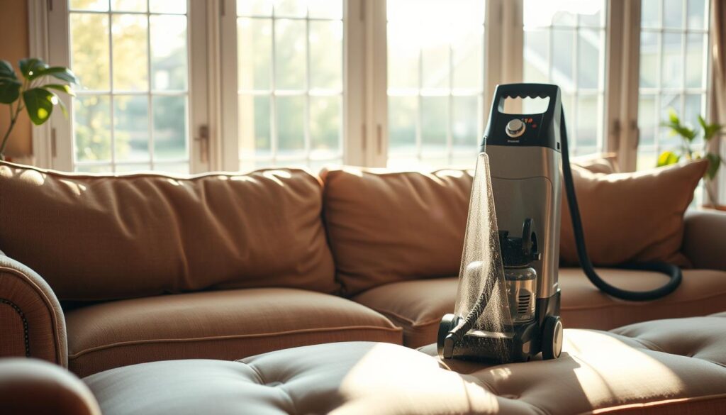 A cozy living room scene, sunlight streaming through large windows, illuminating a plush, well-worn sofa in the foreground. The sofa's fabric is slightly faded, but the cushions appear invitingly soft. In the middle ground, a professional-grade upholstery cleaning machine stands ready, its hose poised to deep clean the sofa's surface. The background blurs softly, suggesting a serene suburban setting. The overall atmosphere conveys the benefits of a thorough, expert-led sofa cleaning - restoring the furniture's pristine, rejuvenated appearance while maintaining a welcoming, comfortable ambiance.